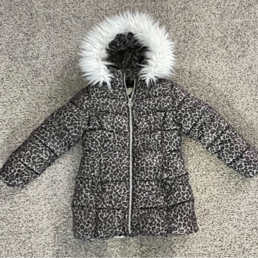 Girls Michael Kors Leopard Print Puffer Coat with Faux Fur Removable Hood 10/12